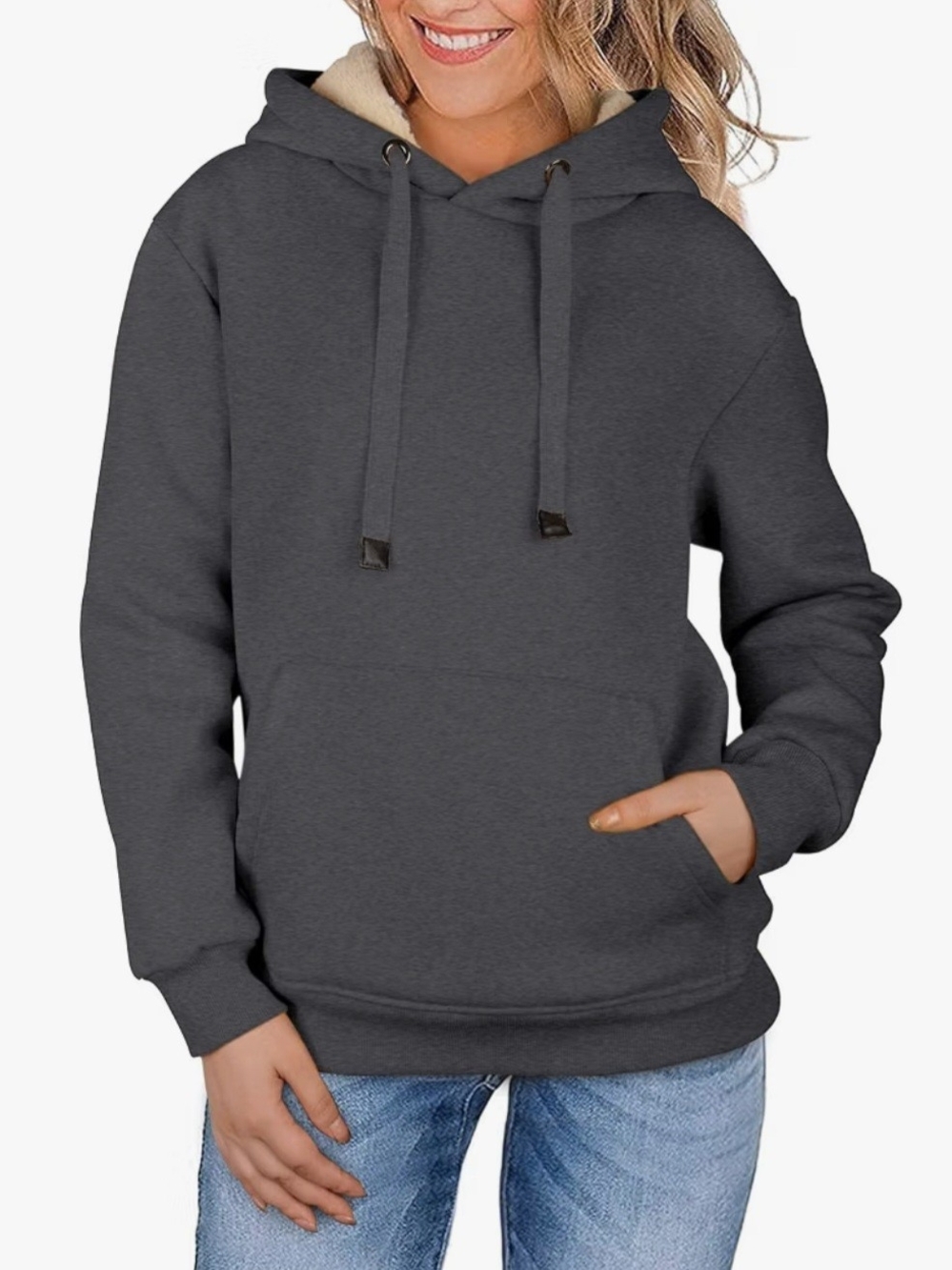 Cozy Women's Dark Gray Sherpa-Lined Hoodie Sweater